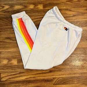 Aviator Nation White Joggers with Rainbow Stripes